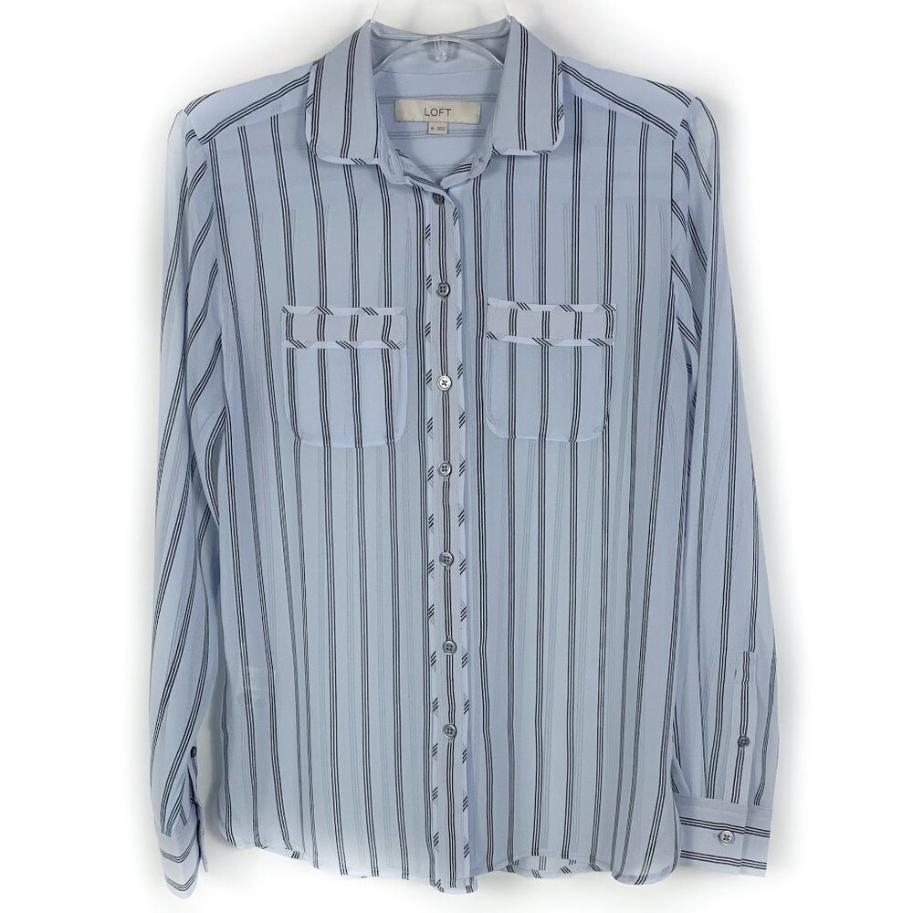 Loft Long Sleeve Light Blue with Black Stripe Blouse - XS